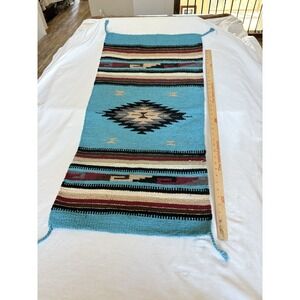 El Paso Saddle Blanket Rug Southwest Pattern 20"x38" Turquoise Blue